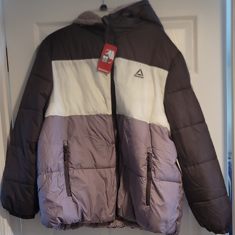 Reebok Tri-Tone Puffer Jacket in Purple and Cream